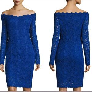 Marina Long-sleeve Off-the-shoulder Lace Dress In Blue Sz- 6